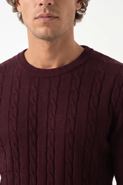 Bordo Örgü Tasarımlı Erkek Triko Kazak 491396