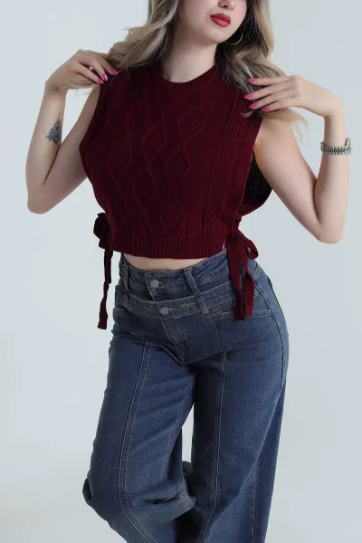 Bordo Örgülü Kadın Triko Süveter 483755