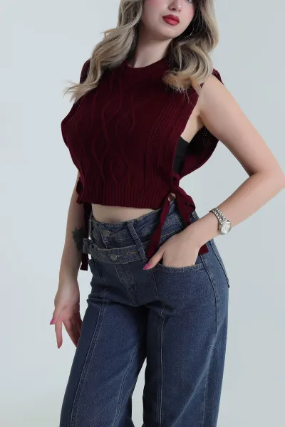 Bordo Örgülü Kadın Triko Süveter 483755