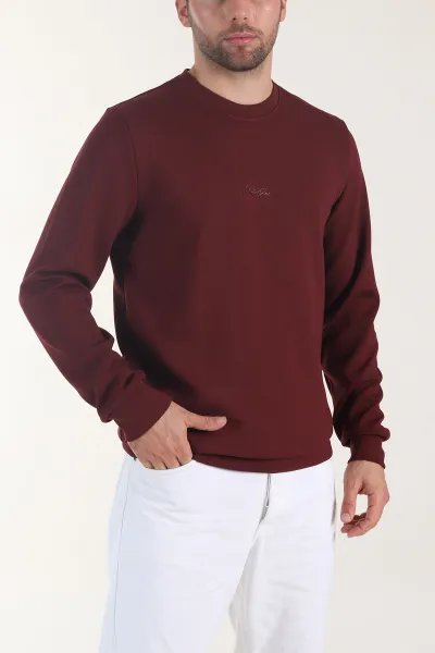 Bordo Osyho Kumaş Yazı Detaylı Bisiklet Yaka Erkek Sweatshirt 407341