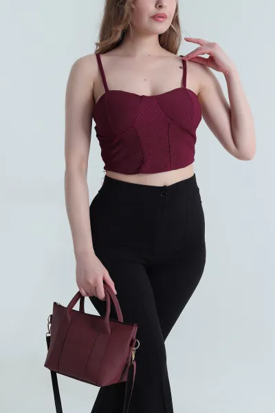 Bordo Ottoman Kumaş Crop Bluz 466107