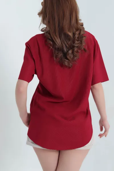 Bordo Oval Kesim Dokulu Tişört 337672