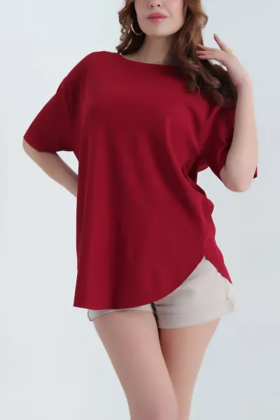 Bordo Oval Kesim Dokulu Tişört 337672