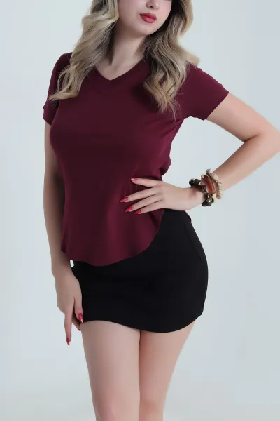 Bordo Oval Kesim Modal Kadın Tişört 481992