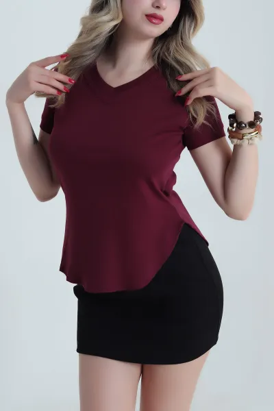 Bordo Oval Kesim Modal Kadın Tişört 481992
