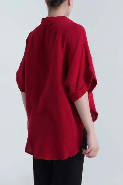 Bordo Oval Kesim Oversize Müslin Keten Kadın Gömlek 480179