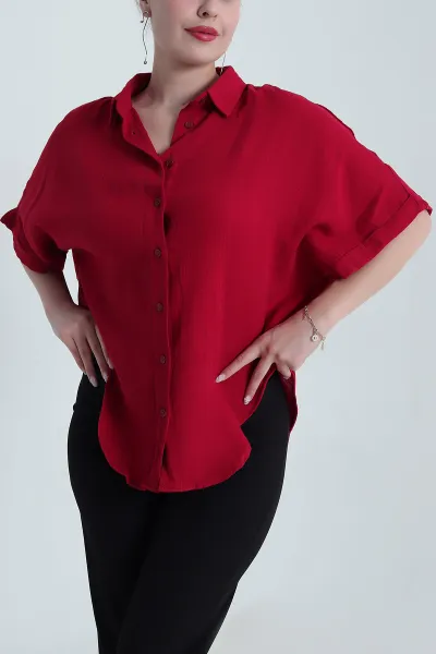 Bordo Oval Kesim Oversize Müslin Keten Kadın Gömlek 480179