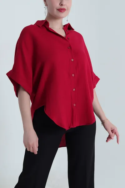 Bordo Oval Kesim Oversize Müslin Keten Kadın Gömlek 480179