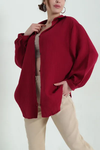 Bordo Oversize Kadın Müslin Gömlek 336850