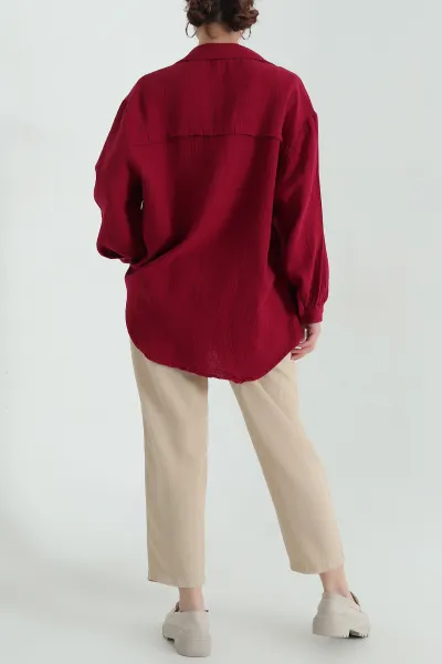 Bordo Oversize Kadın Müslin Gömlek 336850