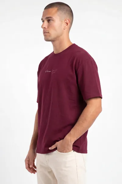 Bordo Oversize Bisiklet Yaka Yazı Detaylı Erkek Tişört 465423
