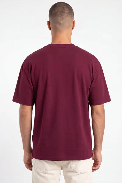 Bordo Oversize Bisiklet Yaka Yazı Detaylı Erkek Tişört 465423