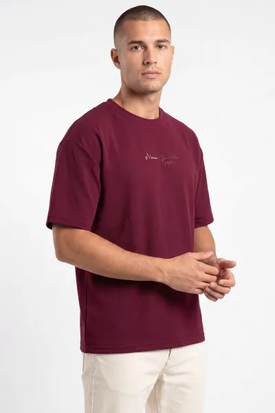 Bordo Oversize Bisiklet Yaka Yazı Detaylı Erkek Tişört 465423