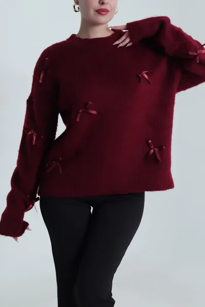 Bordo Oversize Fiyonklu Kadın Triko Kazak 491000