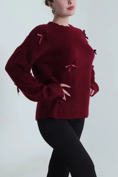Bordo Oversize Fiyonklu Kadın Triko Kazak 491000
