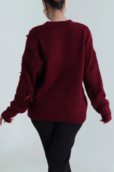 Bordo Oversize Fiyonklu Kadın Triko Kazak 491000