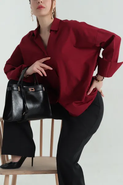 Bordo Oversize Kadın Poplin Gömlek 362375