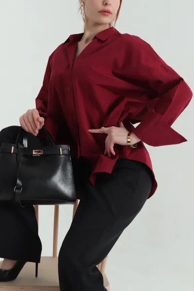 Bordo Oversize Kadın Poplin Gömlek 362375