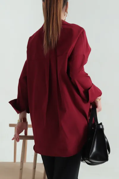 Bordo Oversize Kadın Poplin Gömlek 362375