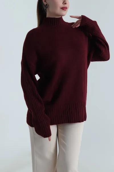 Bordo Oversize Kadın Triko Kazak 496027