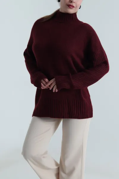 Bordo Oversize Kadın Triko Kazak 496027