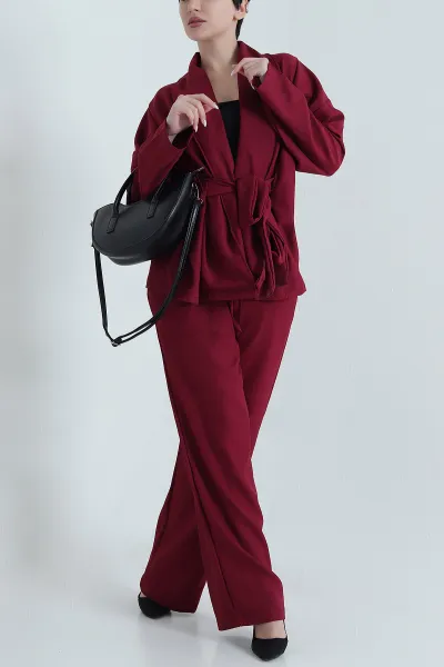 Bordo Oversize Keten Kadın İkili Takım 446552