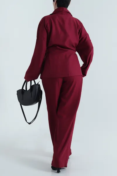 Bordo Oversize Keten Kadın İkili Takım 446552