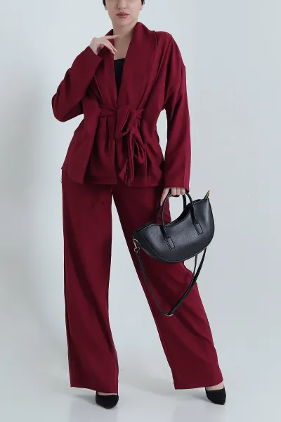 Bordo Oversize Keten Kadın İkili Takım 446552