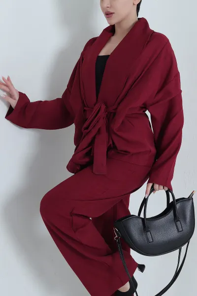 Bordo Oversize Keten Kadın İkili Takım 446552