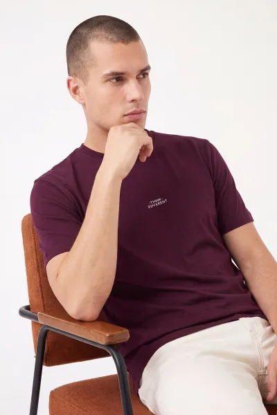 Bordo Oysho Kumaş Bisiklet Yaka Erkek Tişört 471575