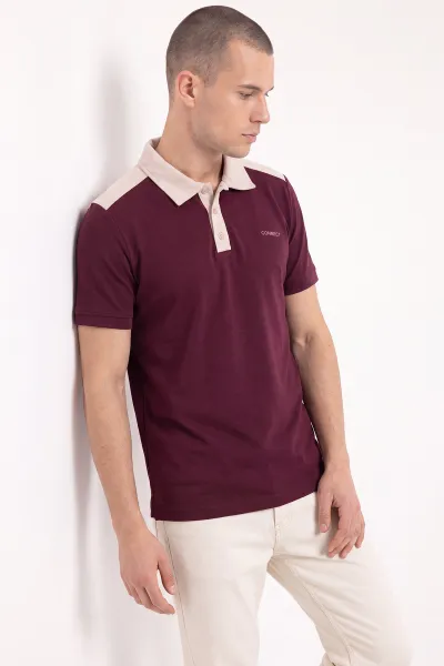 Bordo Oysho Kumaş Polo Yaka Düğme Detaylı Erkek Tişört 471696