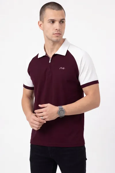 Bordo Oysho Kumaş Yarım Fermuarlı Polo Yaka Erkek Tişört 471690