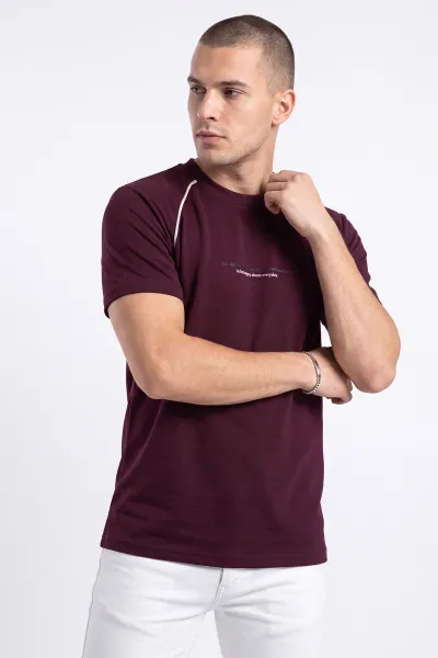 Bordo Oysho Kumaş Yazı Detaylı Erkek Tişört 471610