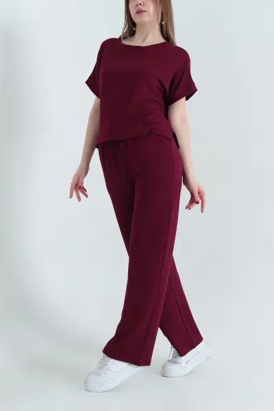Bordo Pantolon Bluz Kristal Bayan İkili Takım 337803