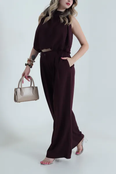 Bordo Pantolon Bluz Linda Kadın İkili Takım 484194