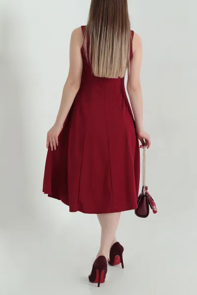 Bordo Parçalı Krep Kolsuz Kadın Elbise 351344