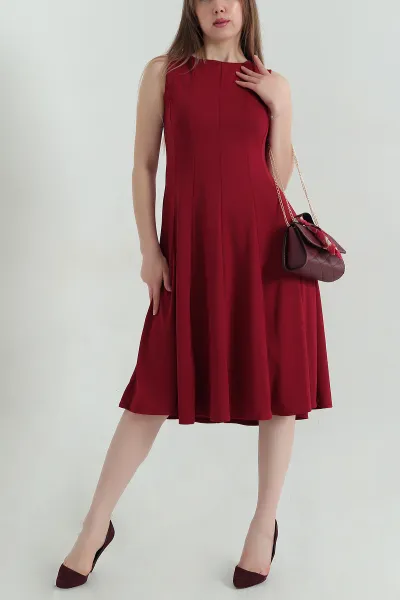 Bordo Parçalı Krep Kolsuz Kadın Elbise 351344