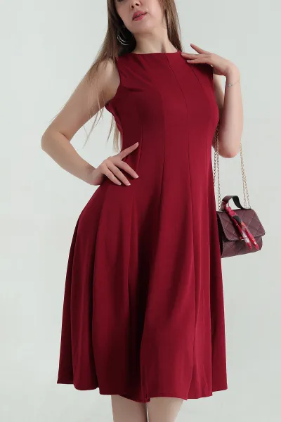 Bordo Parçalı Krep Kolsuz Kadın Elbise 351344
