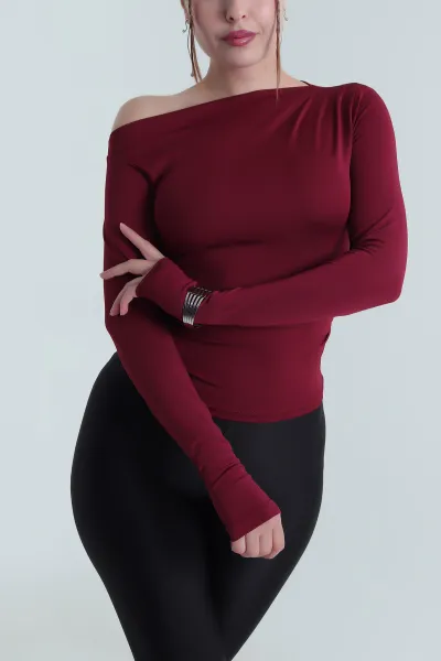 Bordo Parmak Geçmeli Büzgülü Likralı Dalgıç Kadın Bluz 482656