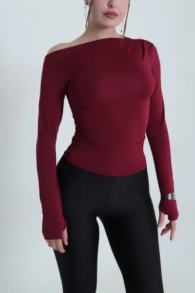 Bordo Parmak Geçmeli Büzgülü Likralı Dalgıç Kadın Bluz 482656