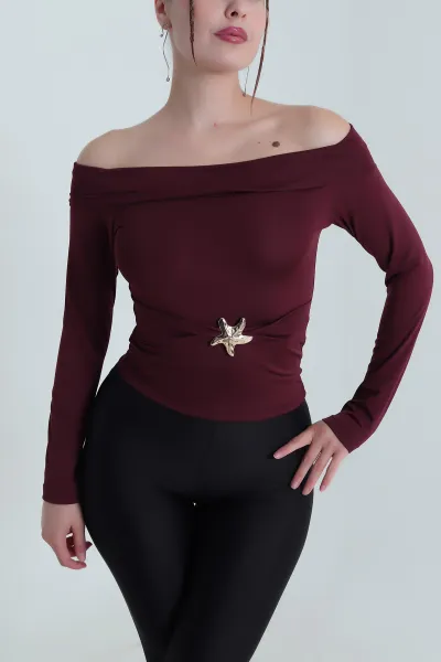 Bordo Parmak Geçmeli Madonna Yaka Dalgıç Kadın Bluz 482685