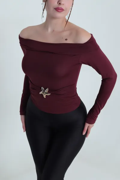 Bordo Parmak Geçmeli Madonna Yaka Dalgıç Kadın Bluz 482685