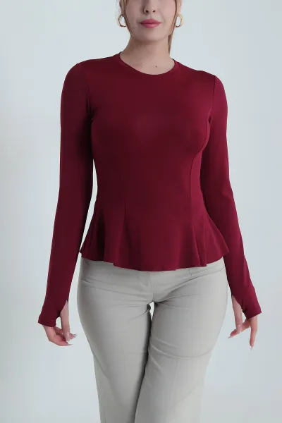 Bordo Parmak Geçmeli Scuba Kadın BLuz 489923