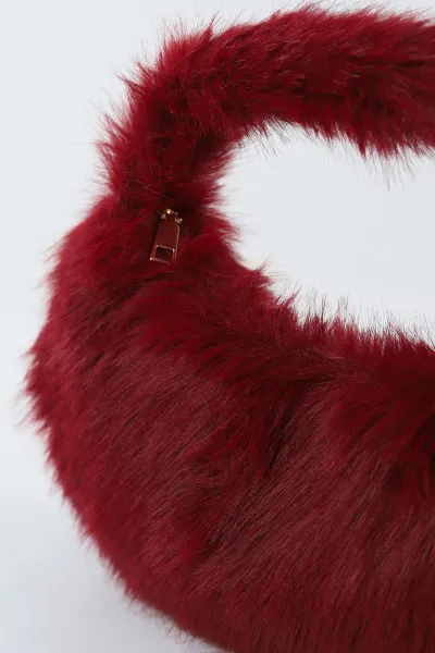 Bordo Peluş Fermuarlı Kadın El ve Kol Çantası 498028