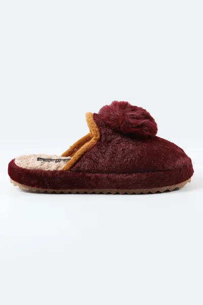 Bordo Peluş Önü Kapalı Ponpon Detaylı Kadın Ev Terliği 488342