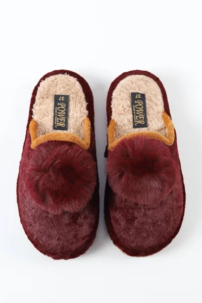 Bordo Peluş Önü Kapalı Ponpon Detaylı Kadın Ev Terliği 488342