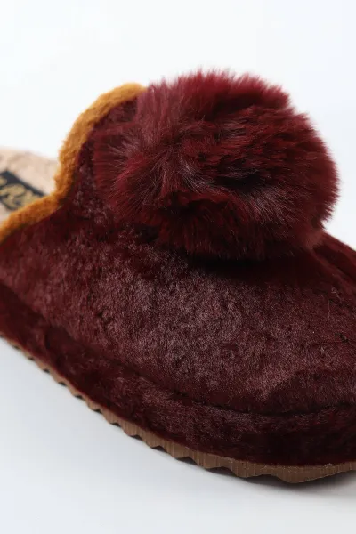 Bordo Peluş Önü Kapalı Ponpon Detaylı Kadın Ev Terliği 488342
