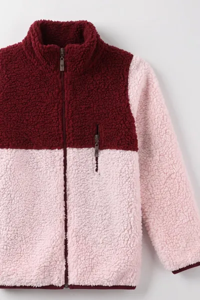 Bordo Pembe (3-12 Yaş)Parça Desenli Fermuarlı Polar Kuzu Hırka 487441