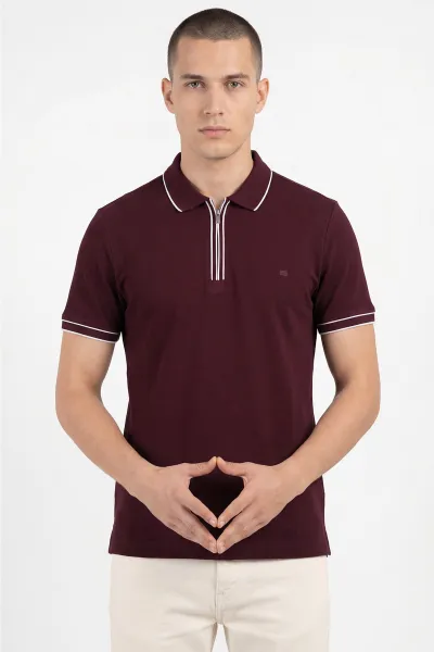 Bordo Pike Kumaş Fermuarlı Erkek Tişört 453833