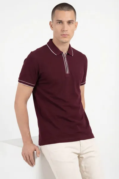 Bordo Pike Kumaş Fermuarlı Erkek Tişört 453833